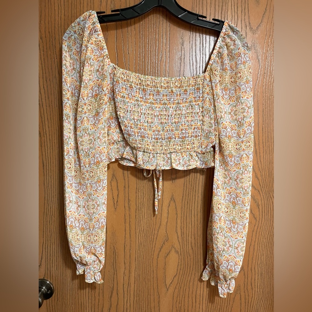 Floral Cropped Blouse with Smocked Back and Long Sleeves - Yellow, Blue, Orange - Picture 3 of 5